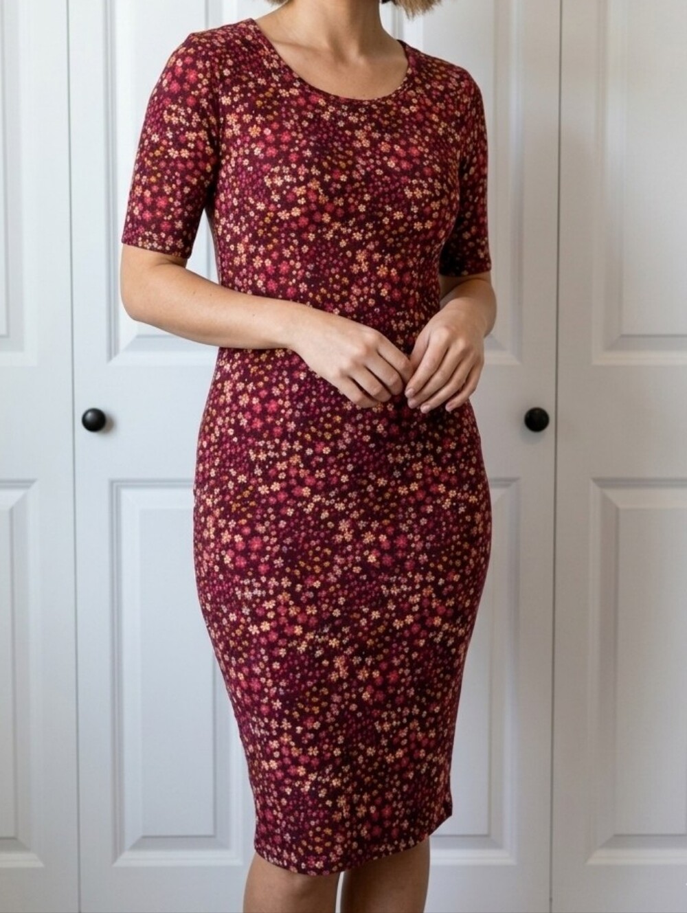 LuLaRoe JULIA Maroon Floral Scoop-Neck Midi Dress